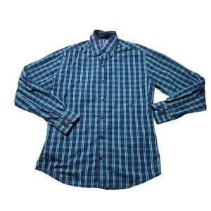 LP Louis Philippe Navy Green Check Shirt Tailored Fit M Jermyn Fit